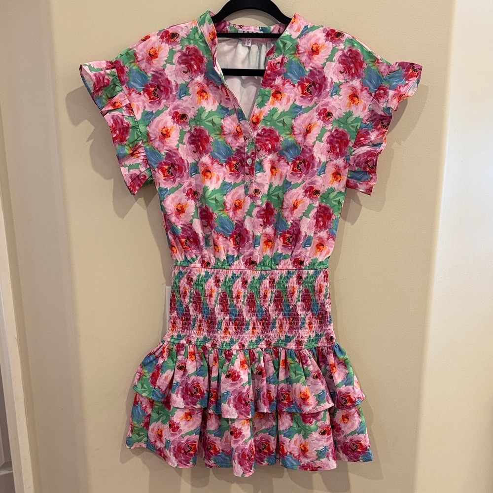 TCEC Floral Dress Medium – Smocked Waist & Ruffle Sleeves, Perfect for Spring